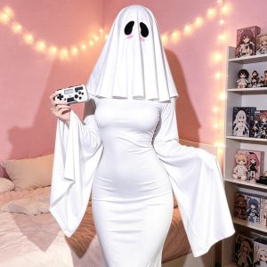 Women's 2pcs Halloween Costume Set Sexy Fishtail Maxi Dress with Long Sleeves and Cartoon Face Hood for Adults Cosplay Theme Party