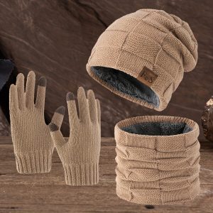 3pcs Striped Knit Hat, Scarf, and Gloves Set, High Elasticity -Lined Thickened Warm Ear Protection Beanie for Autumn and Winter, Outdoor Casual Sports Cycling Mountaineering Skiing Cold Protection Neck Gaiter, Touchscreen Gloves