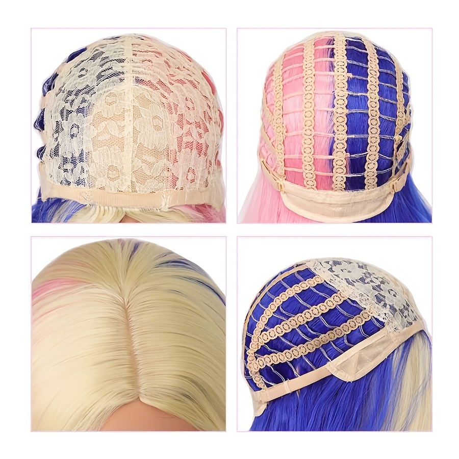 Pink And Blue Wigs for Women Middle Part Medium Length Short Curly Wavy Wigs, Synthetic Hair Women'S Wigs for Daily Party/Halloween Use (Pink And Blue)