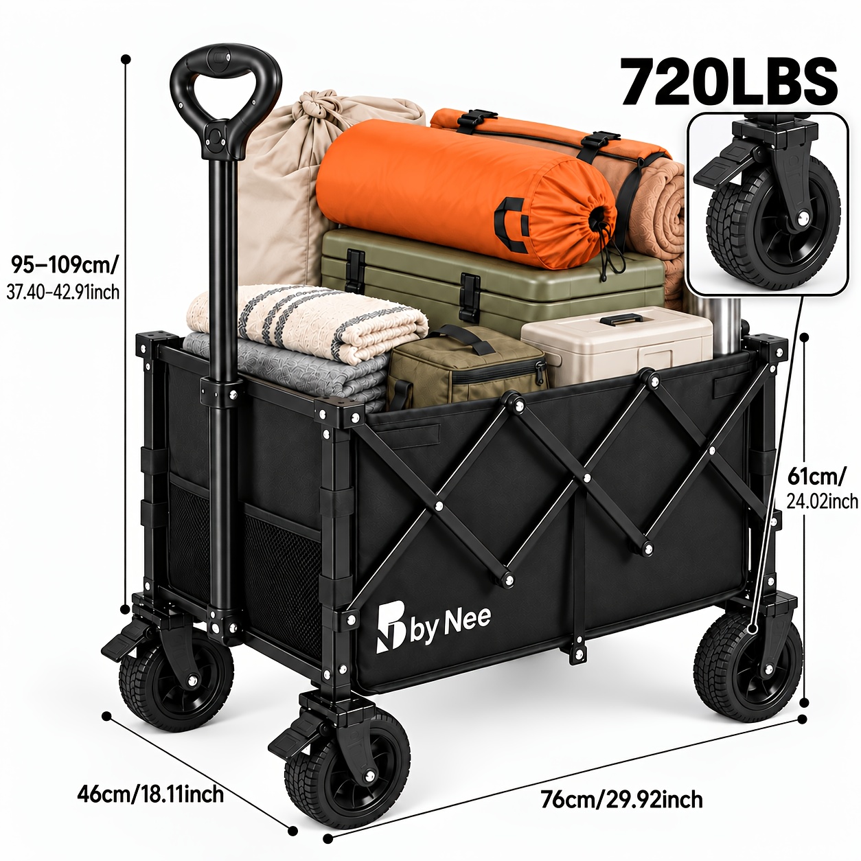 All-Terrain Wide-Wheel Folding Utility Wagon, Heavy-Duty Reinforced Steel Frame Large-Capacity Collapsible Pull Cart with Adjustable Handle And Dual Cup Holders, Portable Storage Wagon for Gardening, Grocery Shopping, Camping, Picnics & Outdoor Gear - Image 9