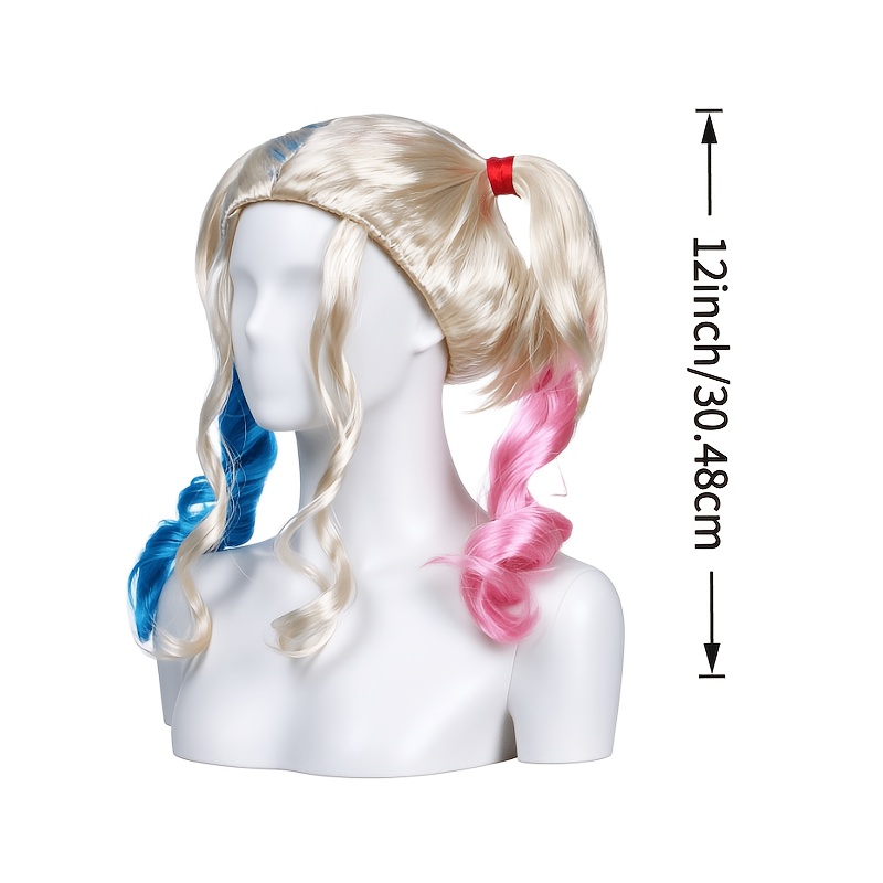 AOIFE Women's Pink & Blue Double Ponytail Wig with Light Golden Base - Large Loose Curly Hair Suitable for Cosplay, Themed Parties, Festivals, Costume Dressing - Elastic for, Volume & Shiny Hairstyle