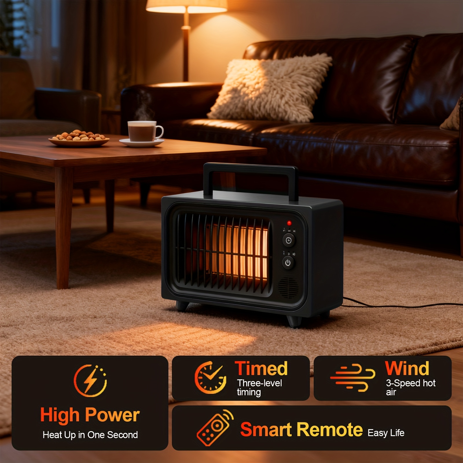 Space Heater, Portable Space Heater for Indoor Use - 600W PTC Electric Heater, Rapid And Safe Heating, Remote Control, with Heating And Modes, 2/4/6 Hr Timer for Bedroom, Office