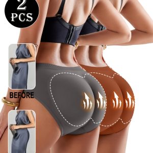 2pcs Women's Solid Color Shaping Panties with Padding, Featuring a Tummy Control Effect. Made from Soft, -friendly Fabric, They Effortlessly Create a Peach-shaped, Helping You Achieve Your Ideal Hip Curve