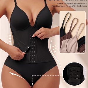 1pc Seamless Vertical Rib Thong Bodysuit, Deep V Neckline, Front Corset Hook Design, Figure Shaping Inner Top