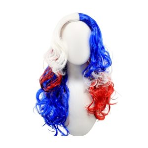 Red & White Color-Blocked Full Wig Suitable for Skin Tones - Natural Body Curly Hair with System, Instant Volume for Parties, Festivals, Themed Events - -Enhancing Full-Headpiece Hairpiece