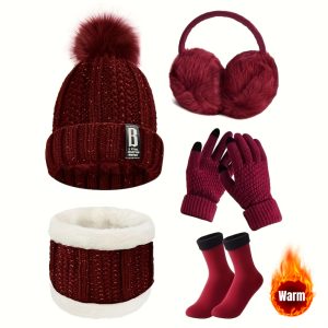 5pcs Winter Outdoor Sports Equipment Set: Thick Warm Hat, Neck Warmer, Touchscreen Gloves, Plush Ear Muffs, And Snow Socks, Suitable for Outdoor Skiing, Cycling, And Hiking