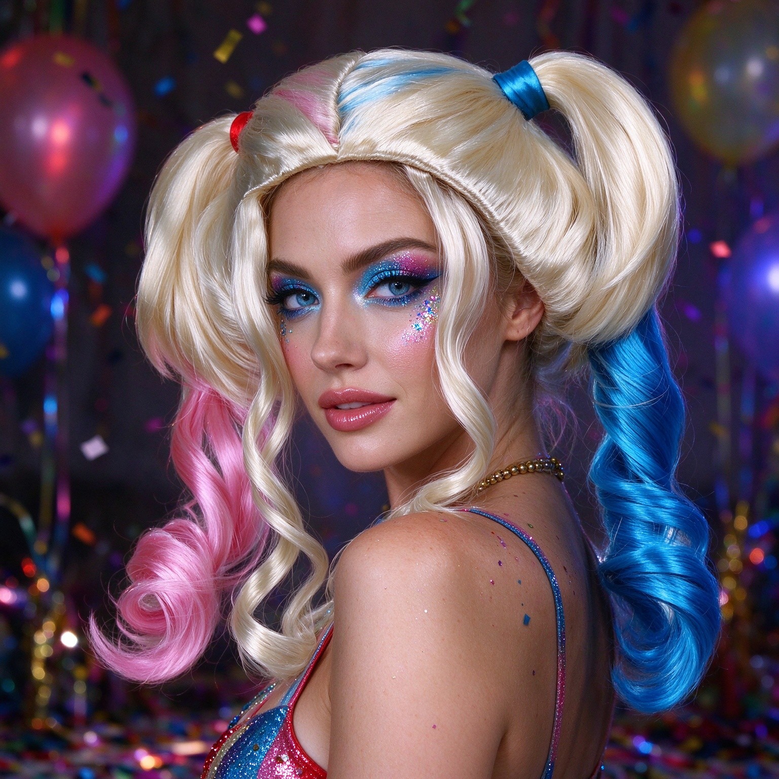 AOIFE Women's Pink & Blue Double Ponytail Wig with Light Golden Base - Large Loose Curly Hair Suitable for Cosplay, Themed Parties, Festivals, Costume Dressing - Elastic for, Volume & Shiny Hairstyle