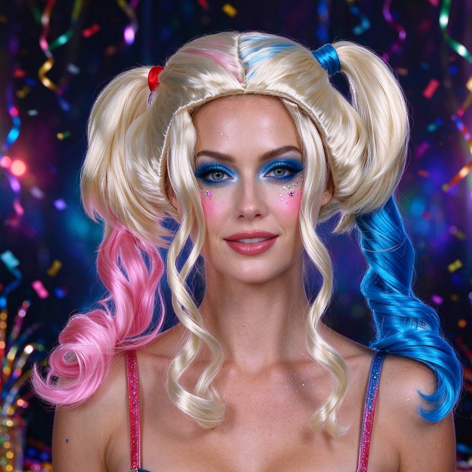AOIFE Women's Pink & Blue Double Ponytail Wig with Light Golden Base - Large Loose Curly Hair Suitable for Cosplay, Themed Parties, Festivals, Costume Dressing - Elastic for, Volume & Shiny Hairstyle