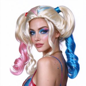 AOIFE Women's Pink & Blue Double Ponytail Wig with Light Golden Base - Large Loose Curly Hair Suitable for Cosplay, Themed Parties, Festivals, Costume Dressing - Elastic for, Volume & Shiny Hairstyle