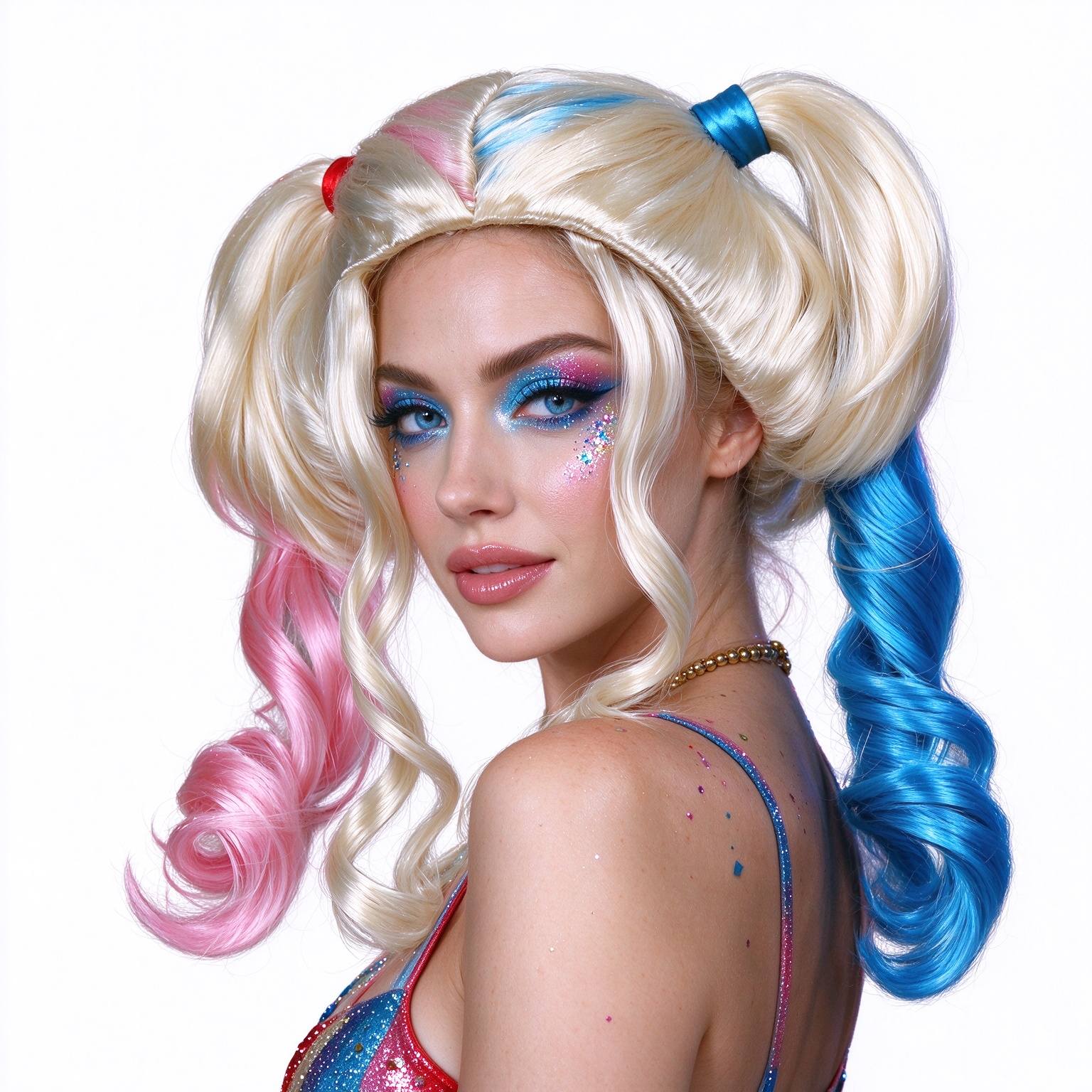 AOIFE Women's Pink & Blue Double Ponytail Wig with Light Golden Base - Large Loose Curly Hair Suitable for Cosplay, Themed Parties, Festivals, Costume Dressing - Elastic for, Volume & Shiny Hairstyle