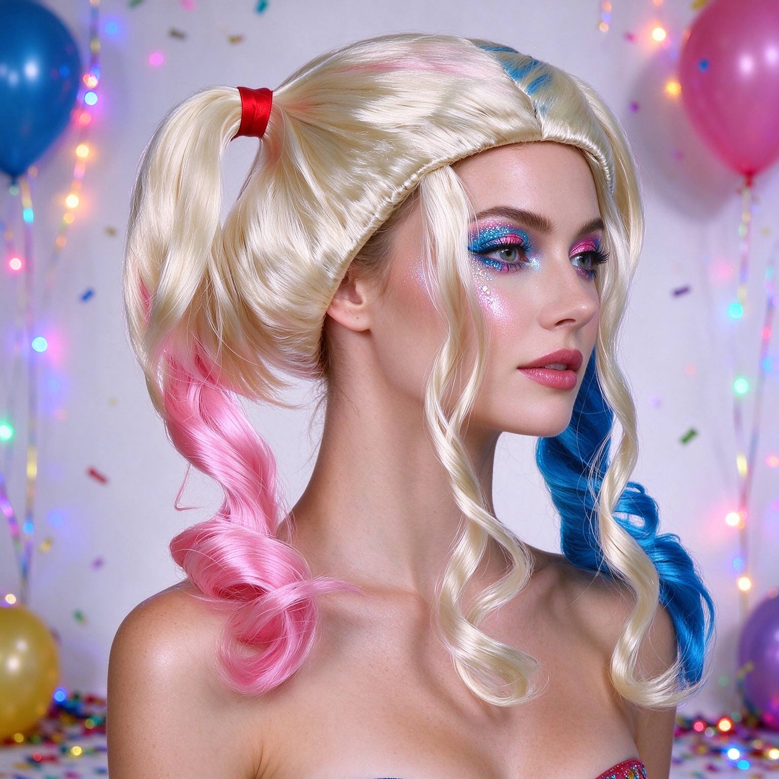 AOIFE Women's Pink & Blue Double Ponytail Wig with Light Golden Base - Large Loose Curly Hair Suitable for Cosplay, Themed Parties, Festivals, Costume Dressing - Elastic for, Volume & Shiny Hairstyle
